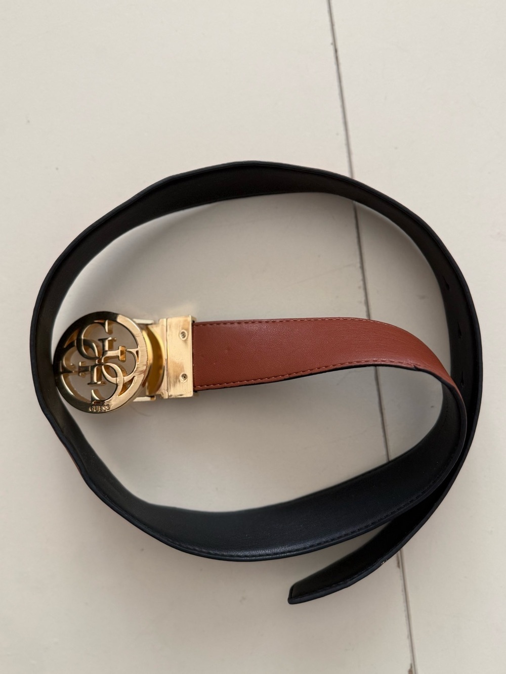 GUESS Reversible Belt Gold Logo Buckle Brown & Black Size S/M for sizes 25-29